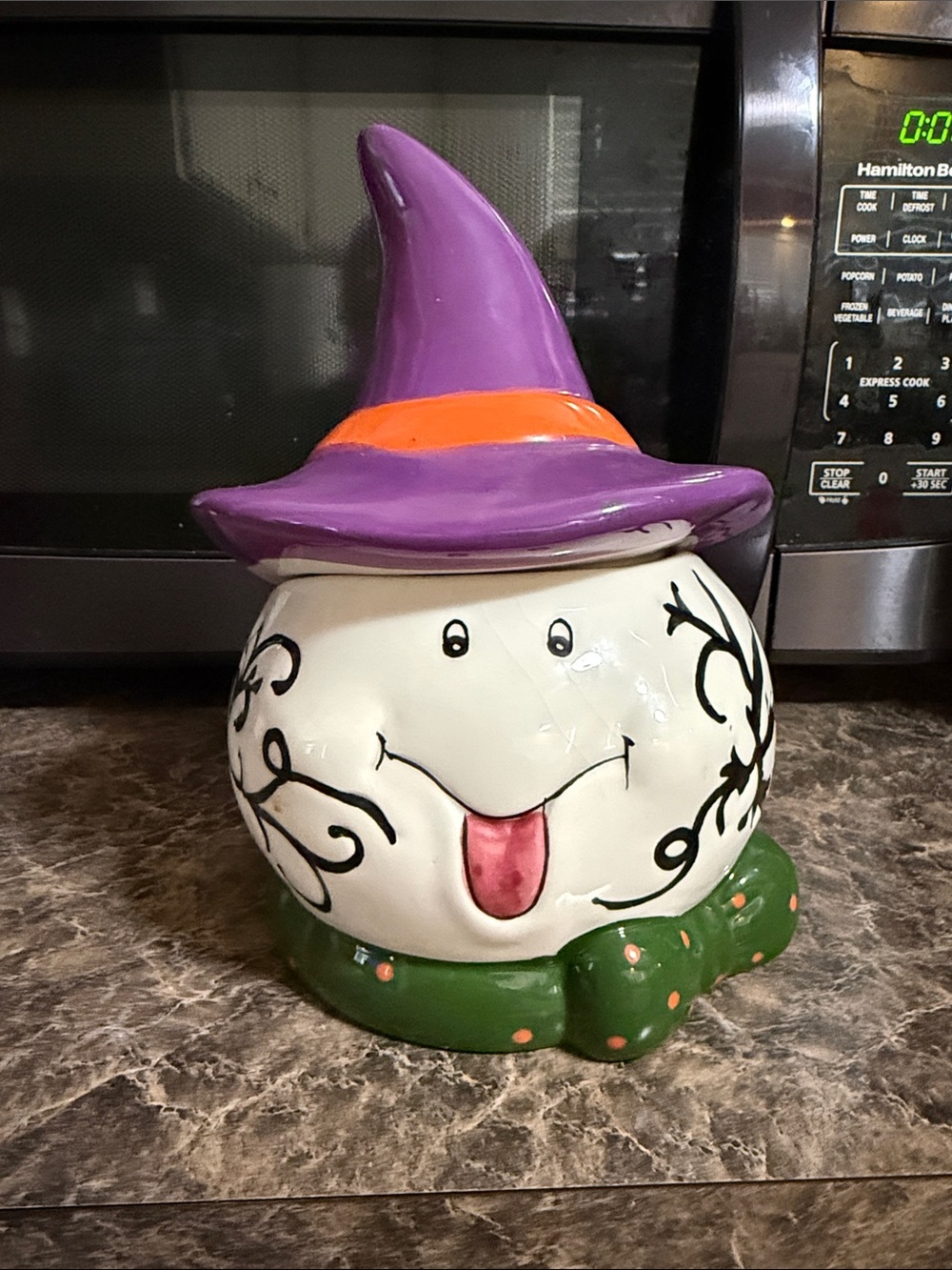 Whimsical Halloween Witch Cookie Jar - Purple Hat, White Body, Green Base